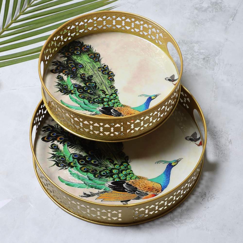Dancing Peacock Tray Set of 2